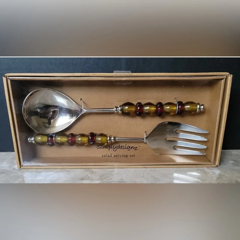 SimplyDesignz Amber Glass Handle Salad Serving Set NWT